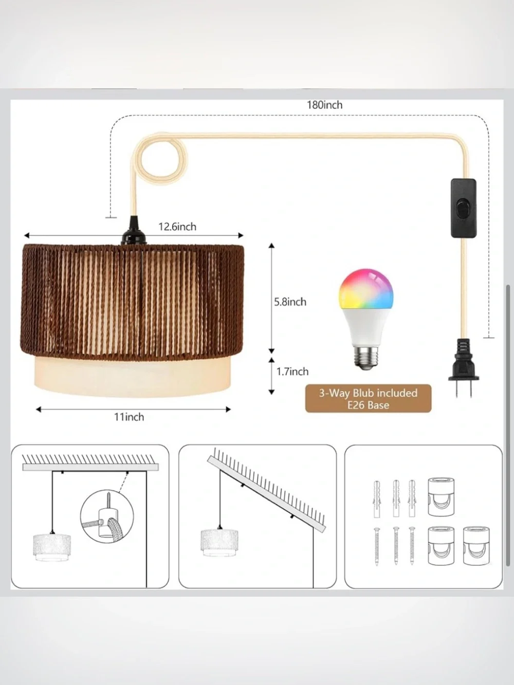 NIB Hanging Light Color Changing Fixture with 15FT Cord,
